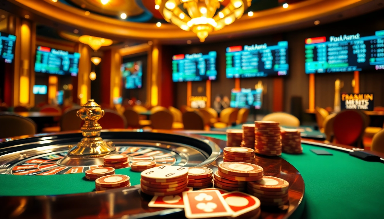 Experience thrilling gambling action at https://thabethome.com/ featuring a luxurious casino ambiance with a vibrant roulette table.