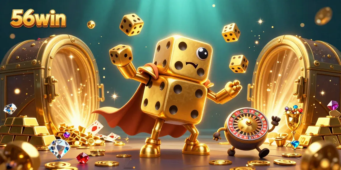 Win big with 56win as the golden dice golem juggles riches in an intense casino scene.
