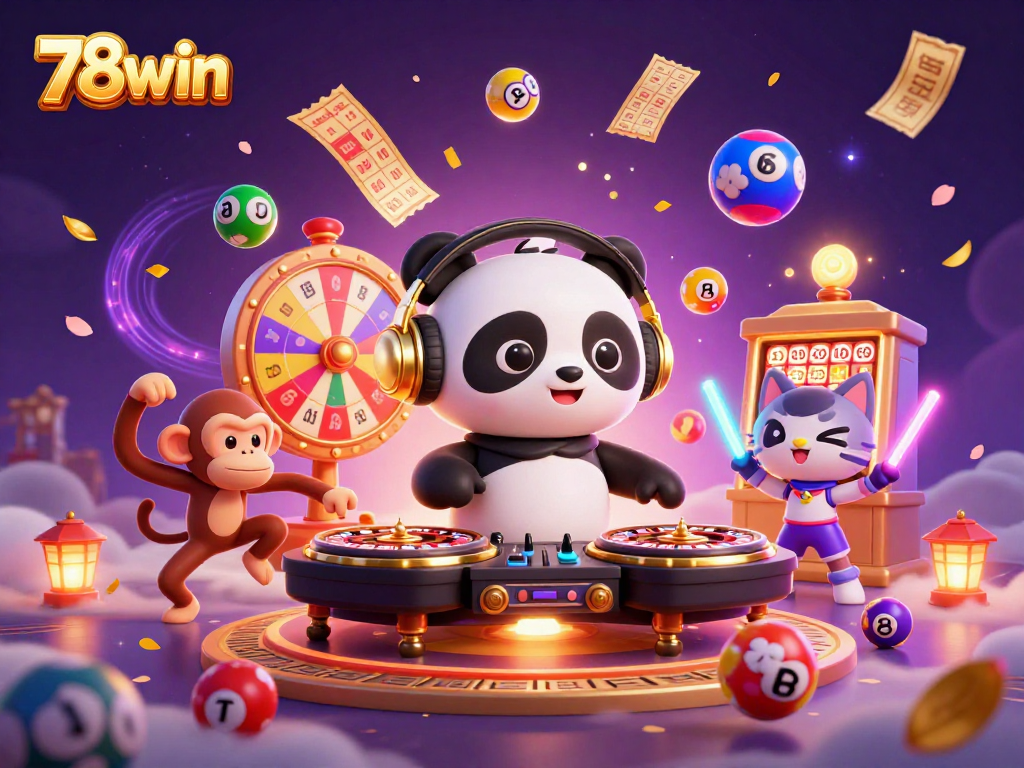 Engage with 78win's vibrant casino world featuring a DJ panda and gaming elements