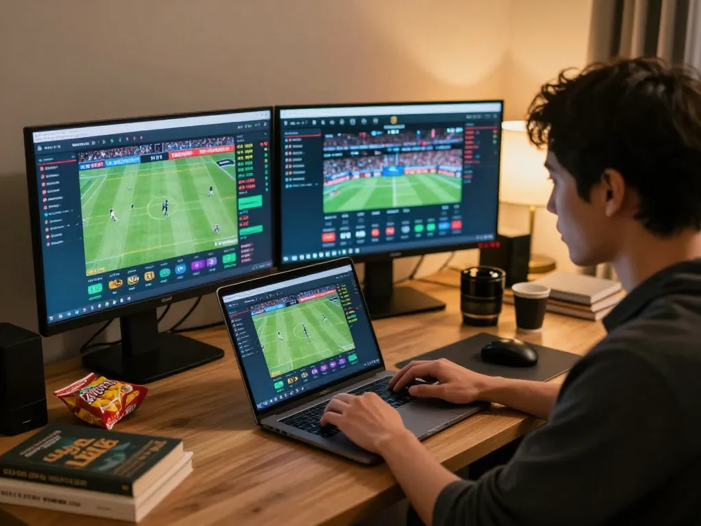 Engaged player strategizing bets with LLWIN TECH's online sports betting interface on a laptop