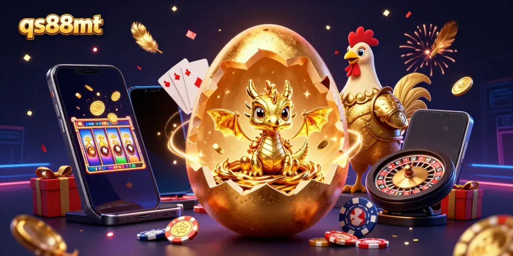 Experience qs88mt with a mesmerizing golden dragon amidst vibrant casino elements in a magical scene.