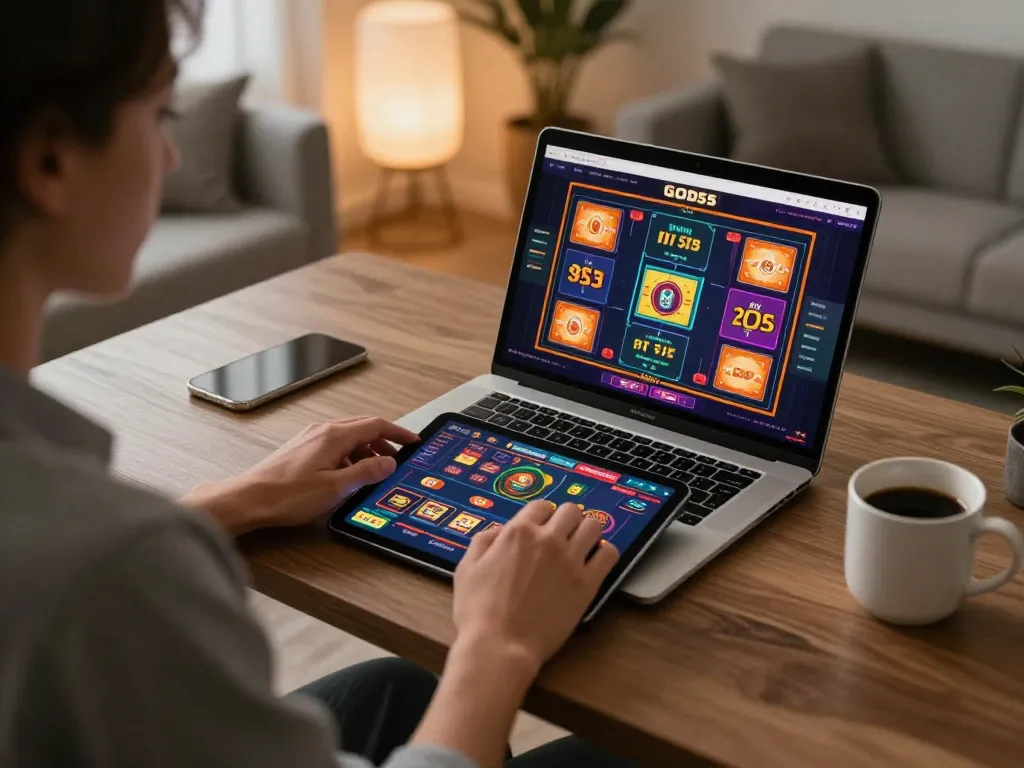 Engaging in online gambling on God55 with a tablet in a cozy home office