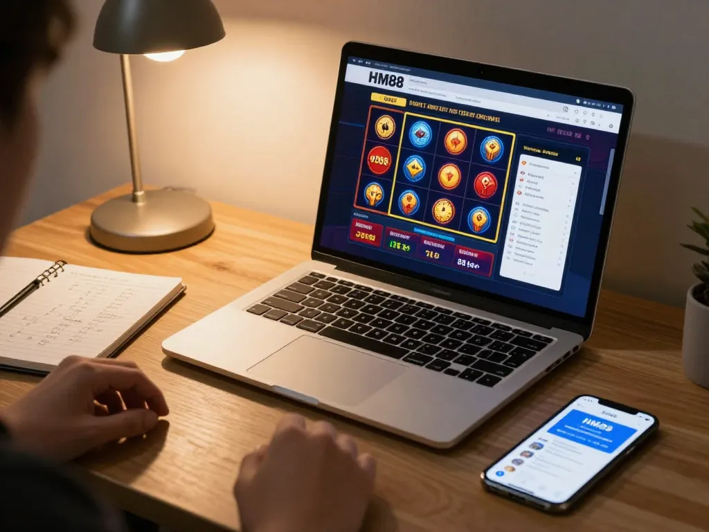Engaging user enjoying HM88 casino games on a laptop, highlighting online gaming strategies and bankroll management.