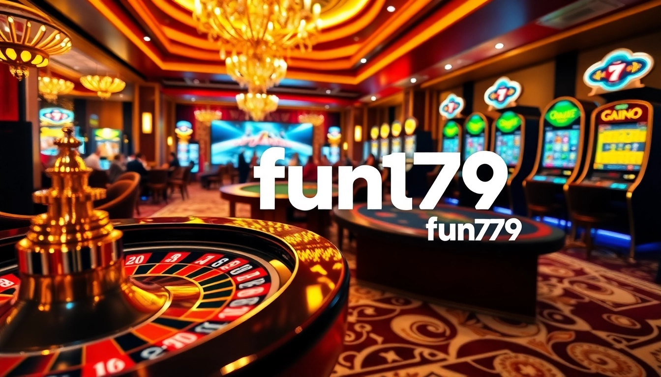 Experience the exciting atmosphere of fun79 with vibrant casino tables and engaging gamblers.