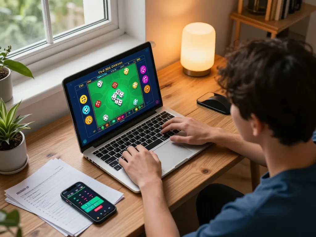 Player enjoying Tài Xỉu online game at home with engaging laptop display and cozy atmosphere