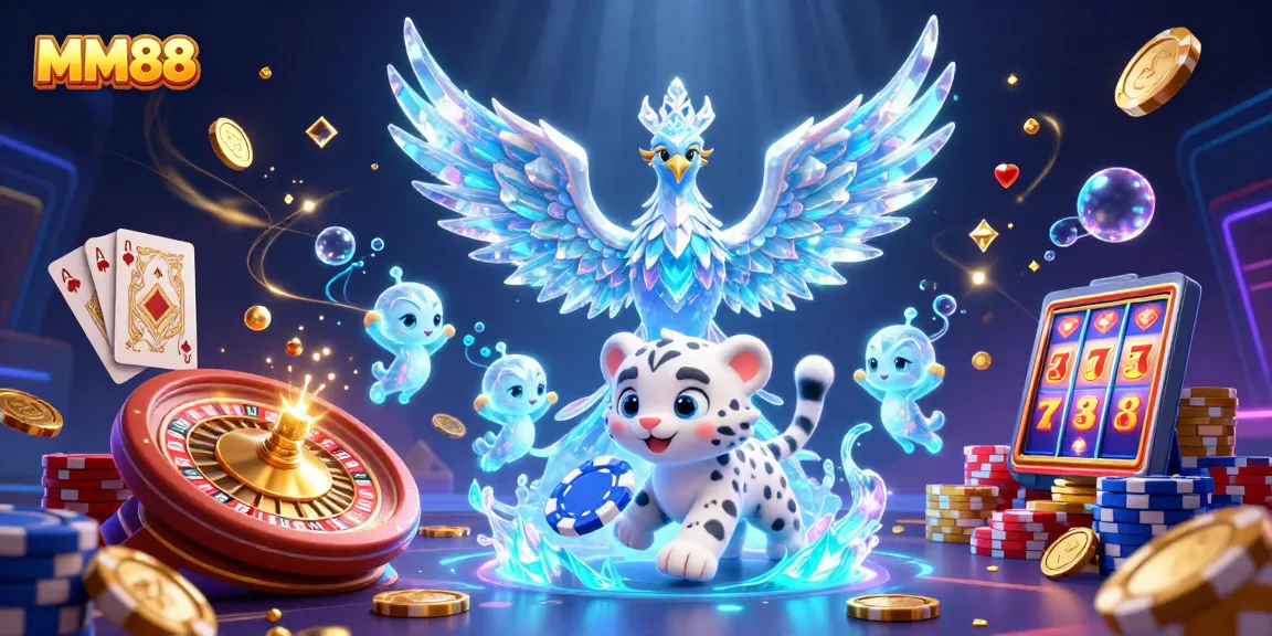 Win big with MM88's vibrant casino scene featuring an ice phoenix, glowing sprites, and rich gaming elements.