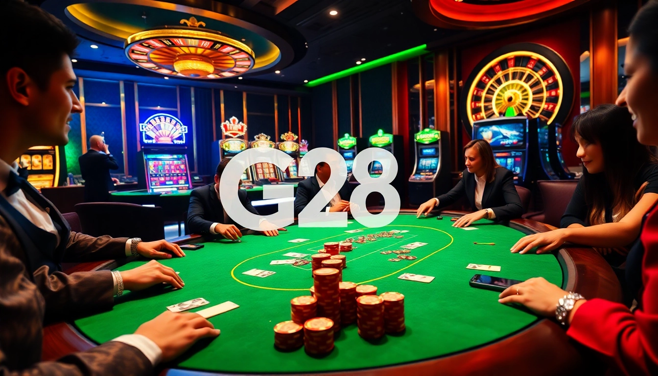 Players enjoying a thrilling poker game at G28 casino with vibrant chips and cards.
