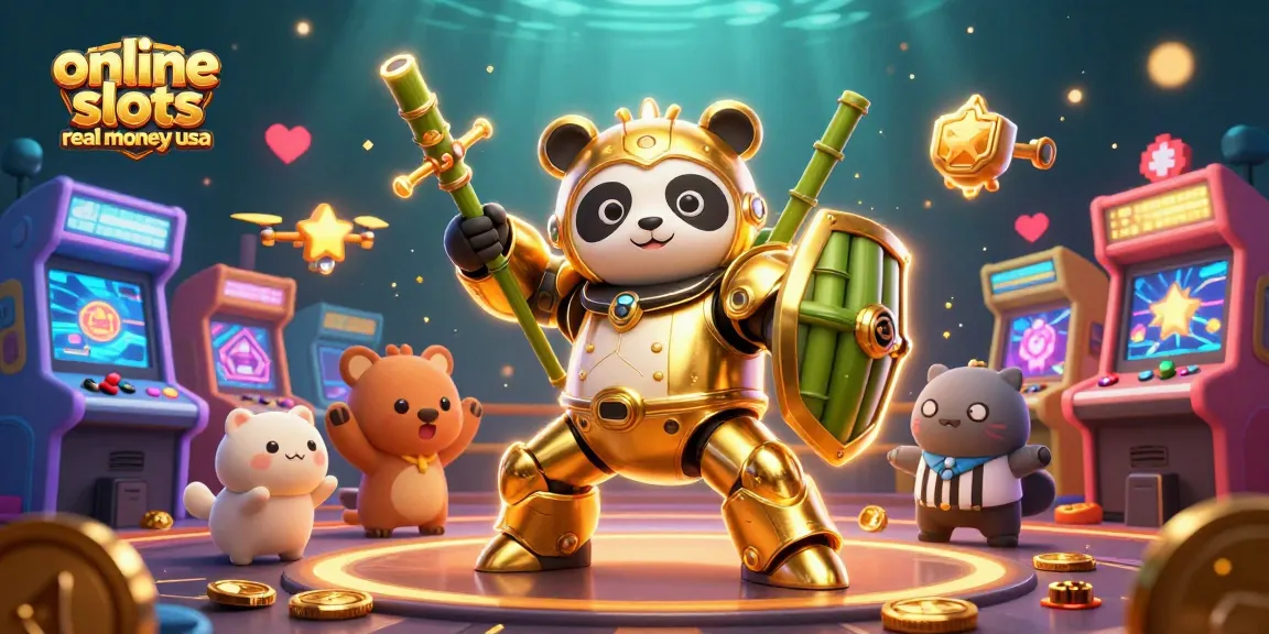 Engage with exciting online slots real money USA featuring a dynamic panda robot amidst casino elements.