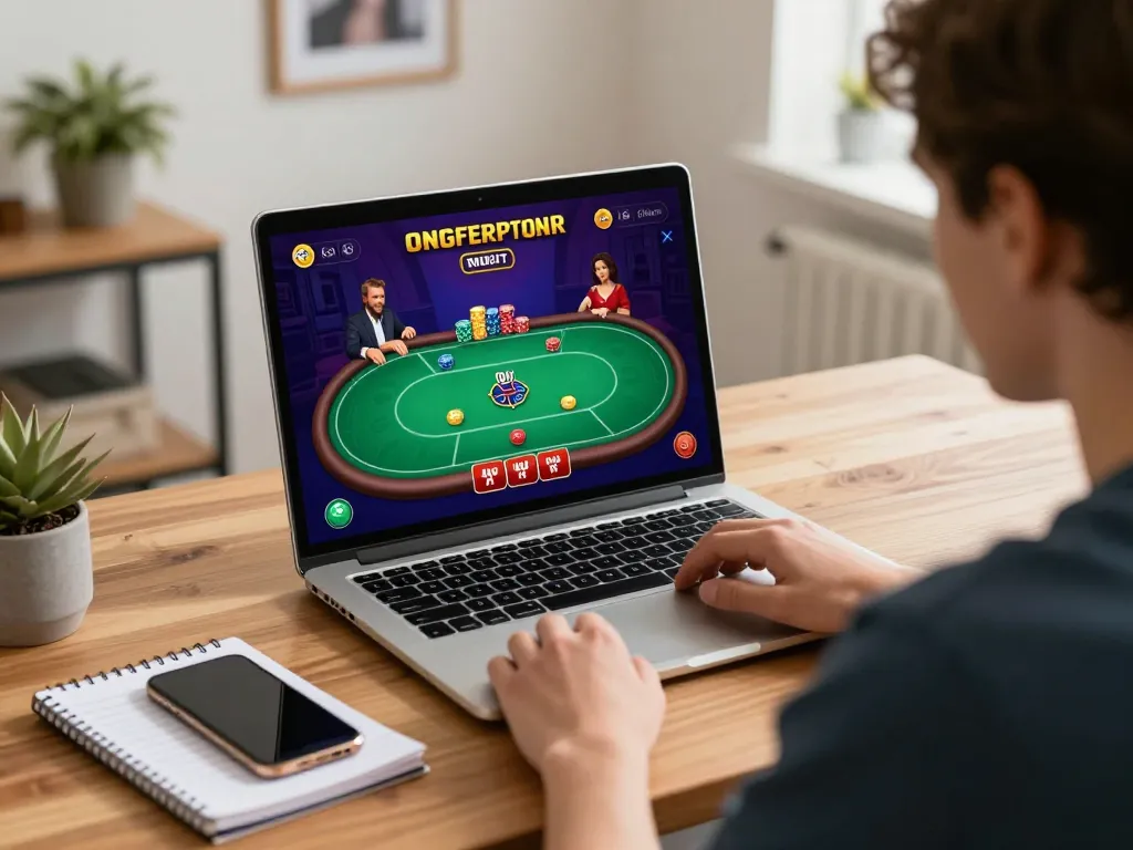 Player immersed in exciting fly88 online poker game on laptop, with strategy notes close by