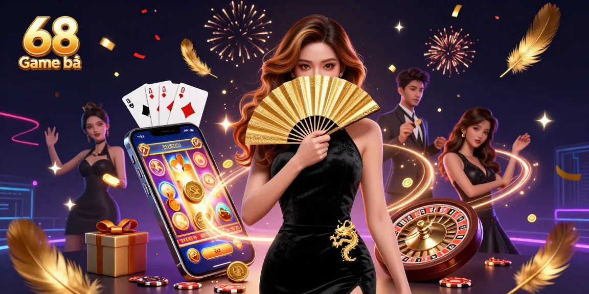 Engage with 68 Game bài as a photorealistic Asian woman plays with dazzling slots and coins.