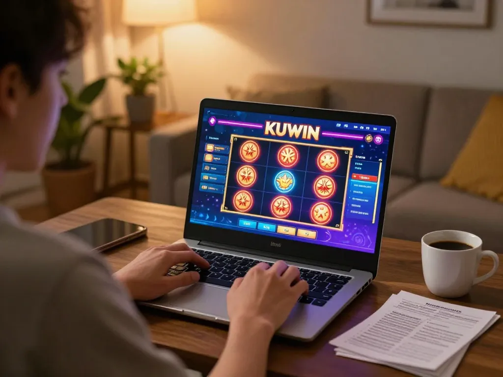 Engaged player enjoying KUWIN gaming experience on laptop at cozy home
