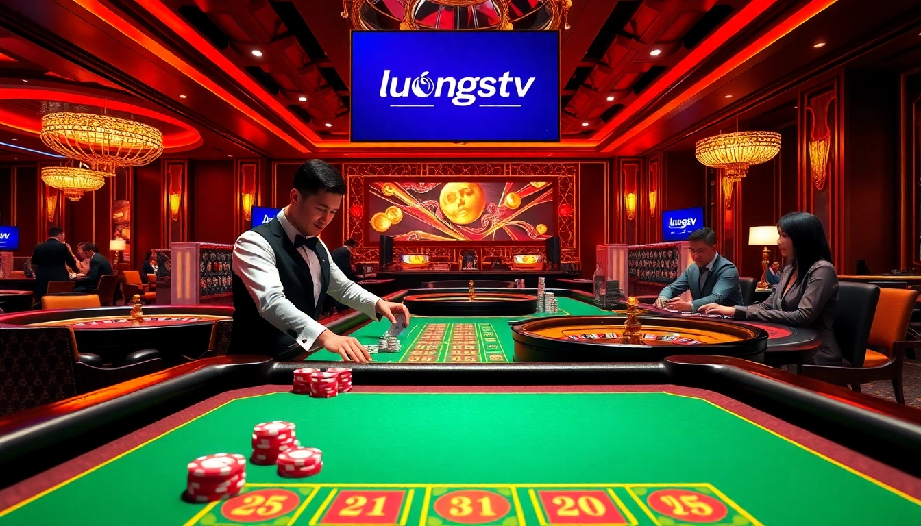 Engage with exciting poker gameplay at luongsontv, featuring vibrant chips and an elegant casino atmosphere.