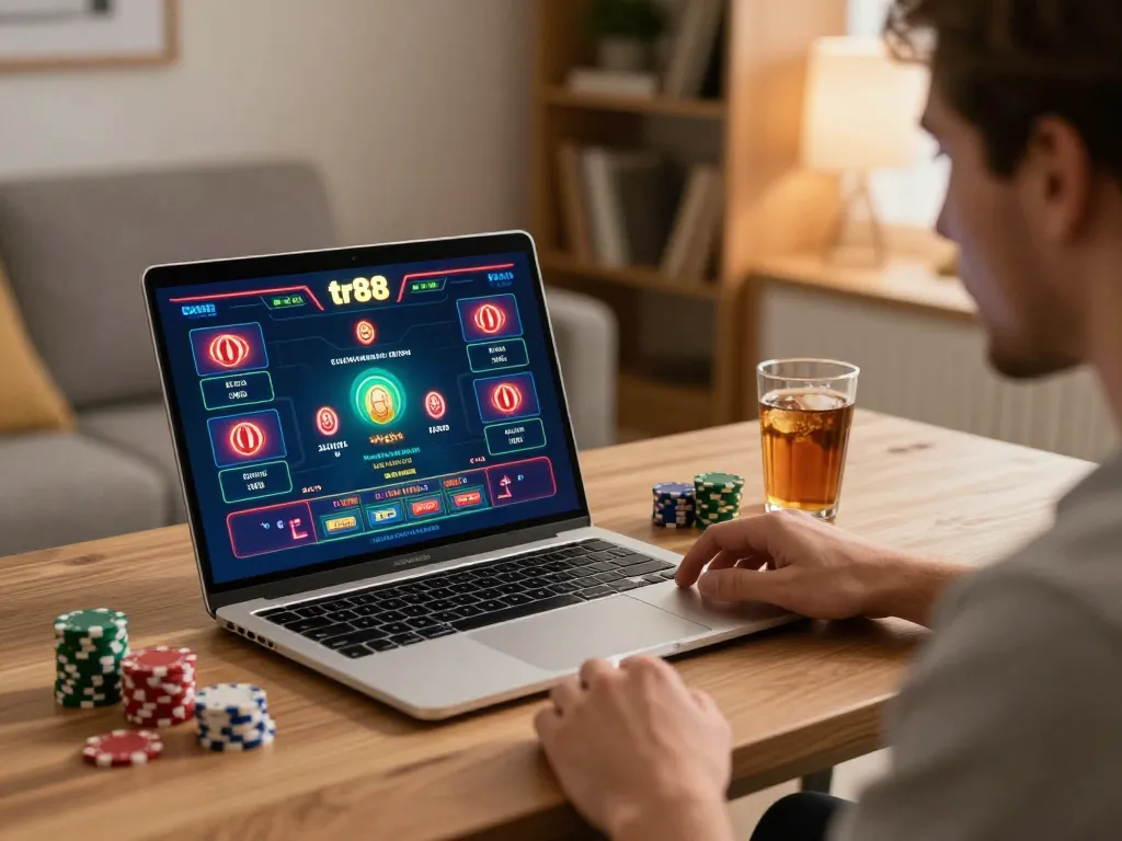 Player engaging in strategic betting on tr88 online casino platform from stylish home setup