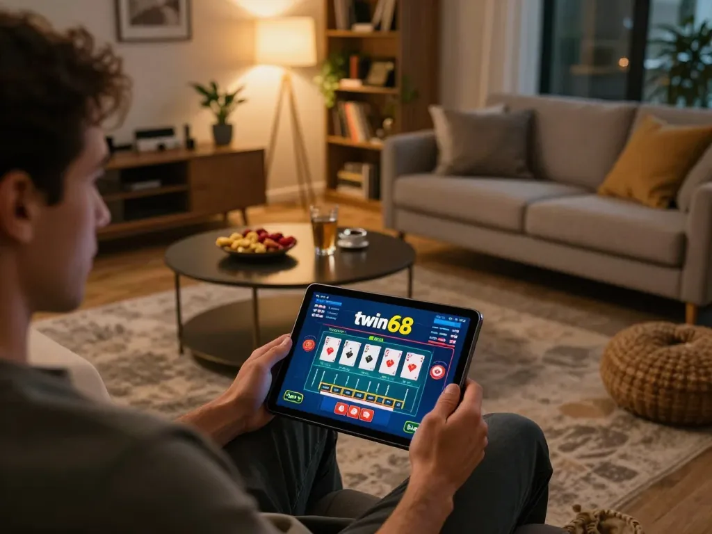 Player using the twin68 app on a tablet in a cozy home setting, demonstrating online gambling