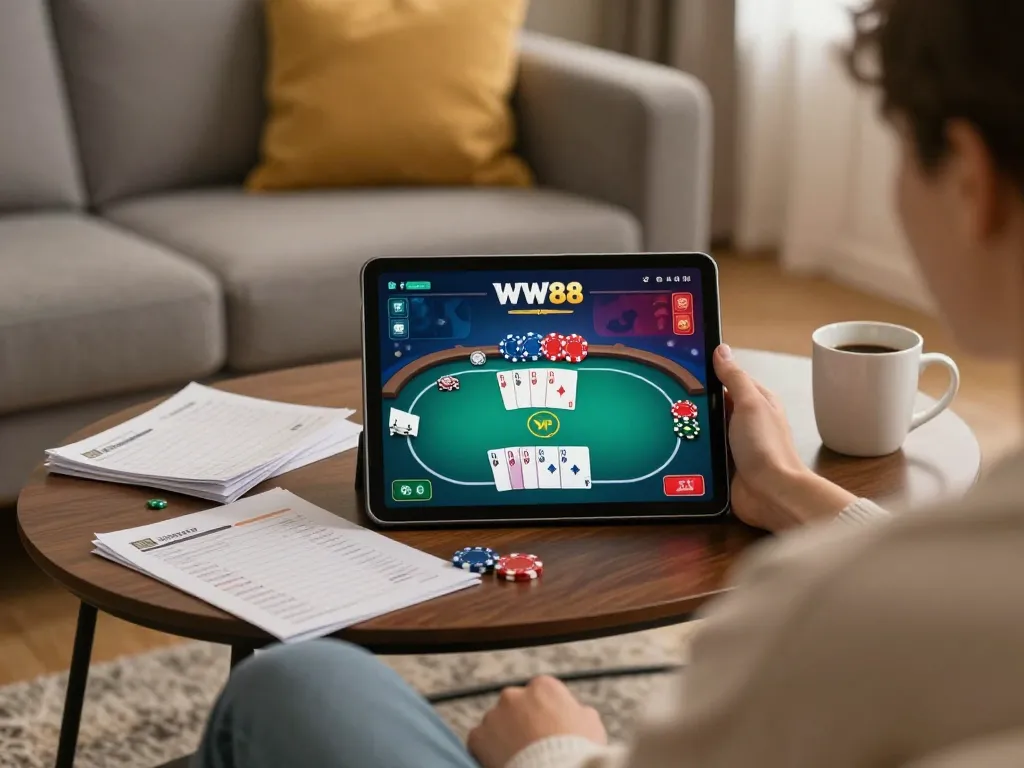 Player enjoying online poker on WW88 with strategy notes in a cozy setting