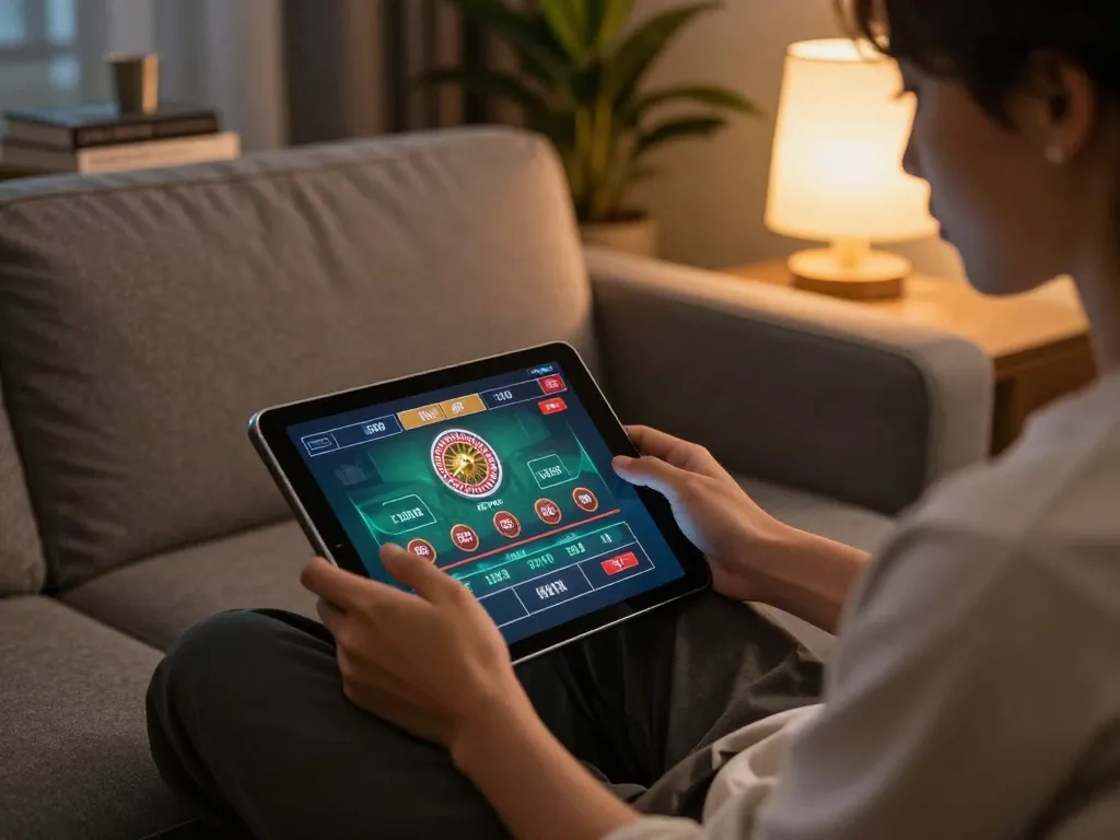 Experience thrilling online gaming with nhà cái jun88 on a tablet in a cozy home setting.