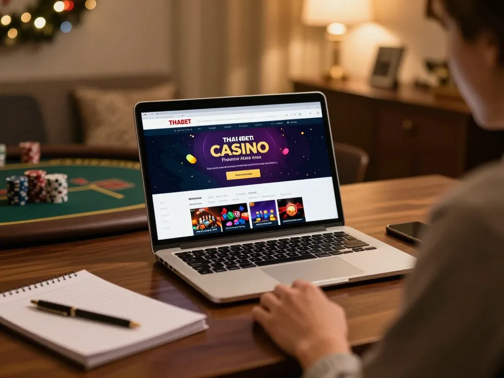 Engaging in strategic online gaming at Thabet with laptop and betting notes.