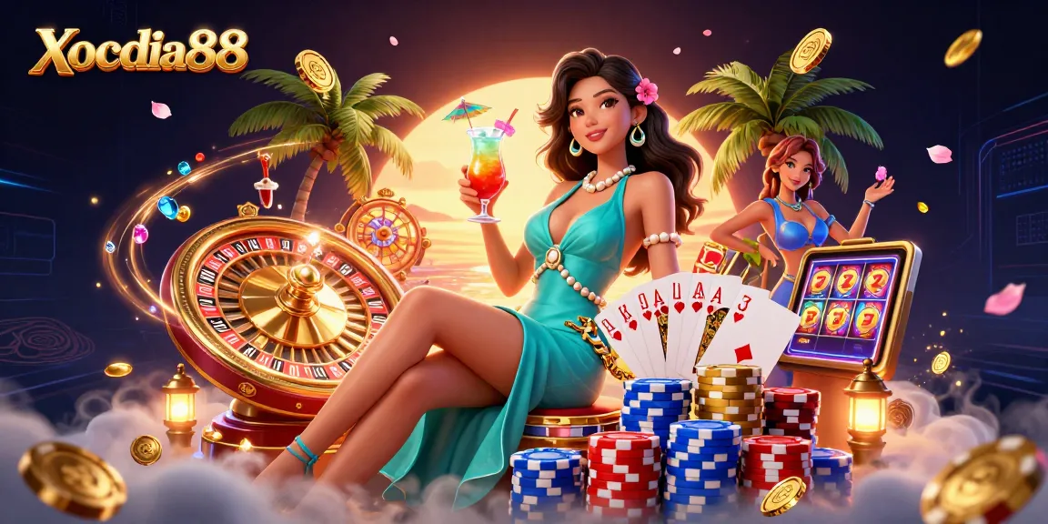 Experience thrill and excitement at Xocdia88 with a dynamic casino scene featuring vibrant elements.