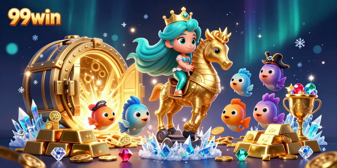 Play exciting games on 99win with a magical cartoon scene of a mermaid princess and gold treasure.