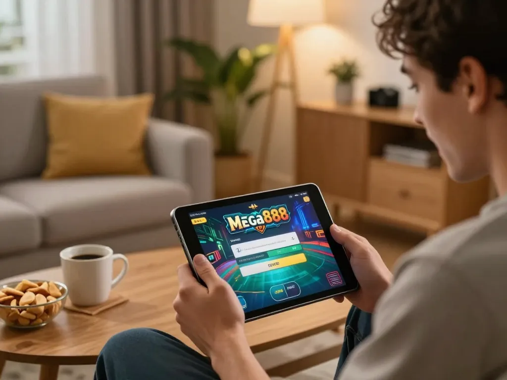 Engaging in Mega888 login on a tablet in a cozy home setting, highlighting online gaming excitement.