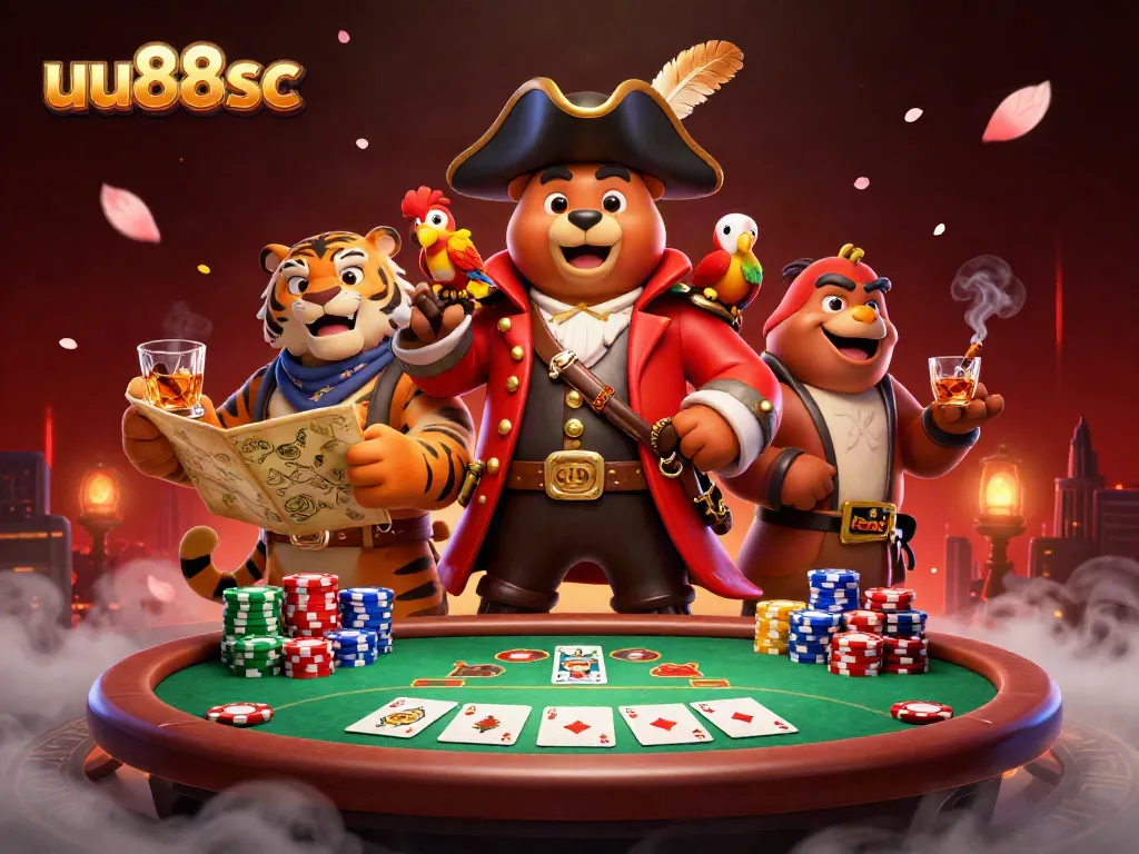 Engage in thrilling casino action with uu88sc, featuring colorful poker elements and vibrant characters.
