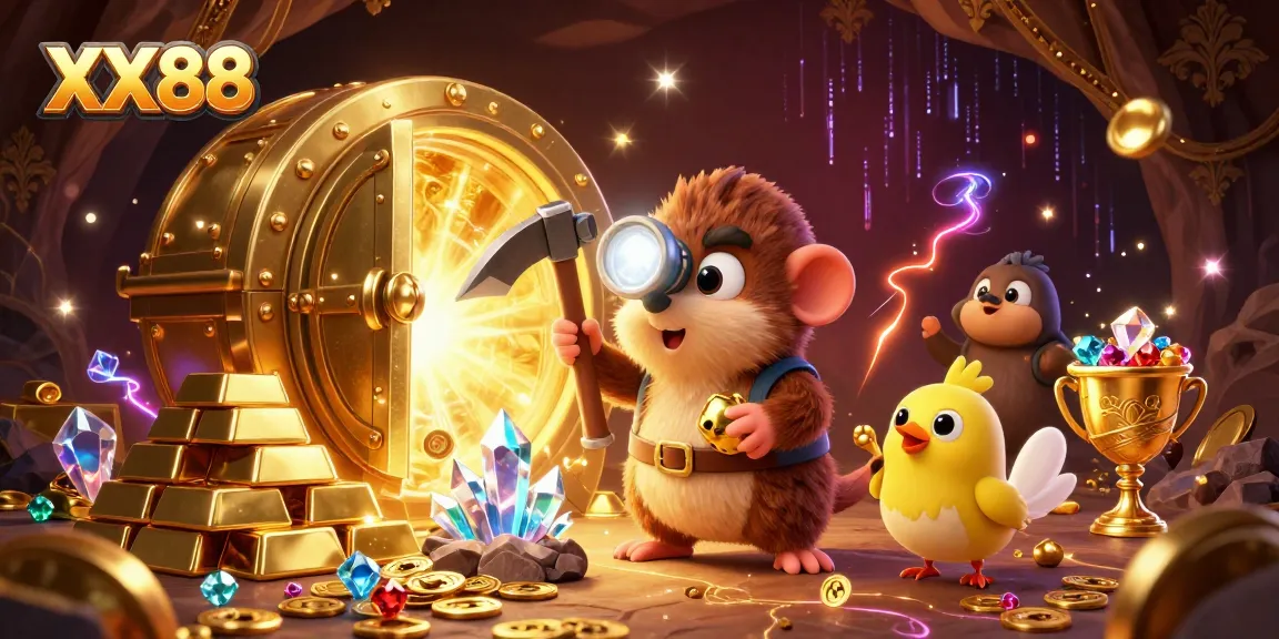 Join the fun at XX88 with a vibrant illustration of a treasure hunter mole and games of chance.