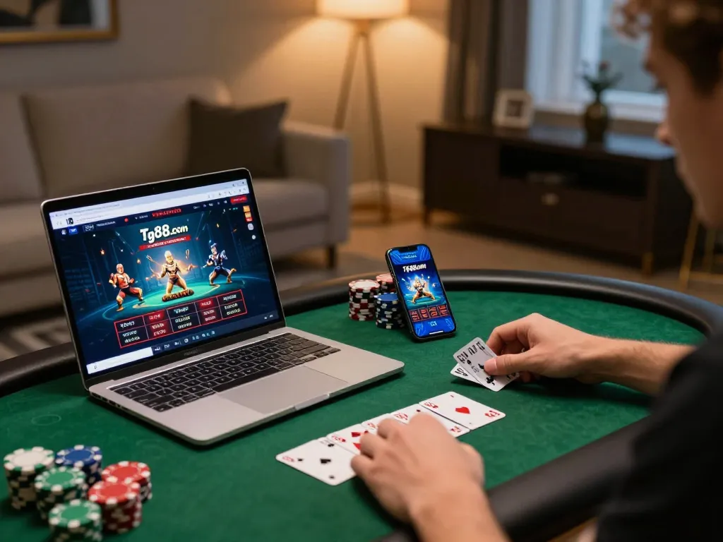 Tg88.com gaming setup featuring a laptop and smartphone with casino interface