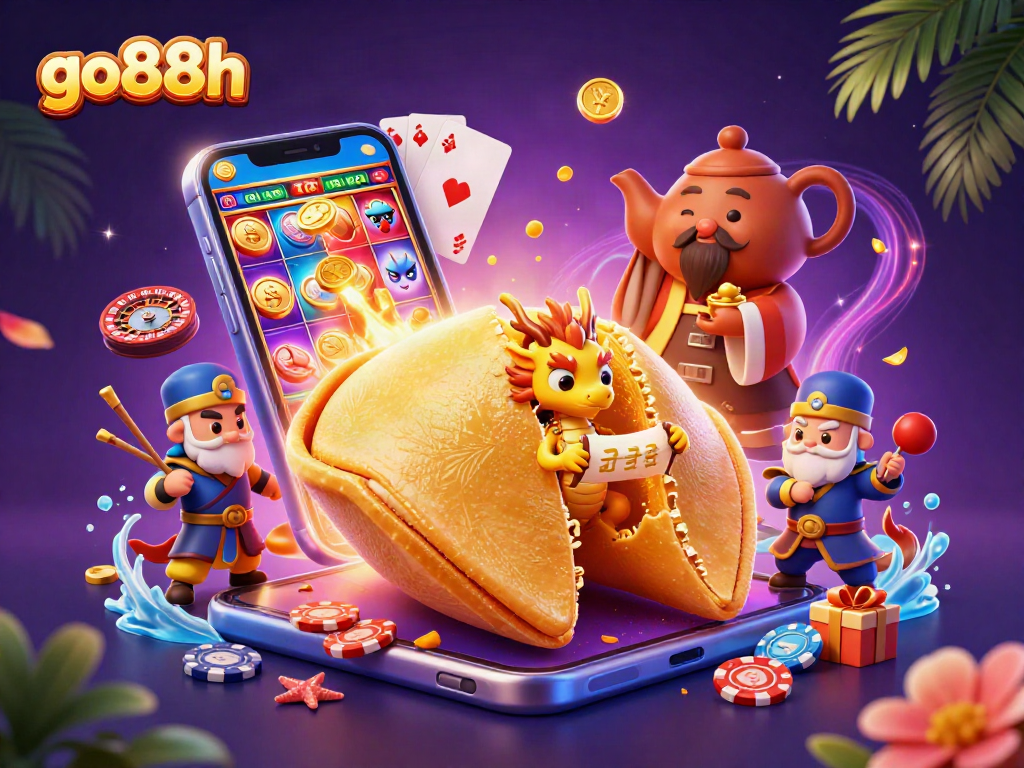 Engage with go88h’s vibrant gaming scene featuring animated fortune cookie and casino elements.
