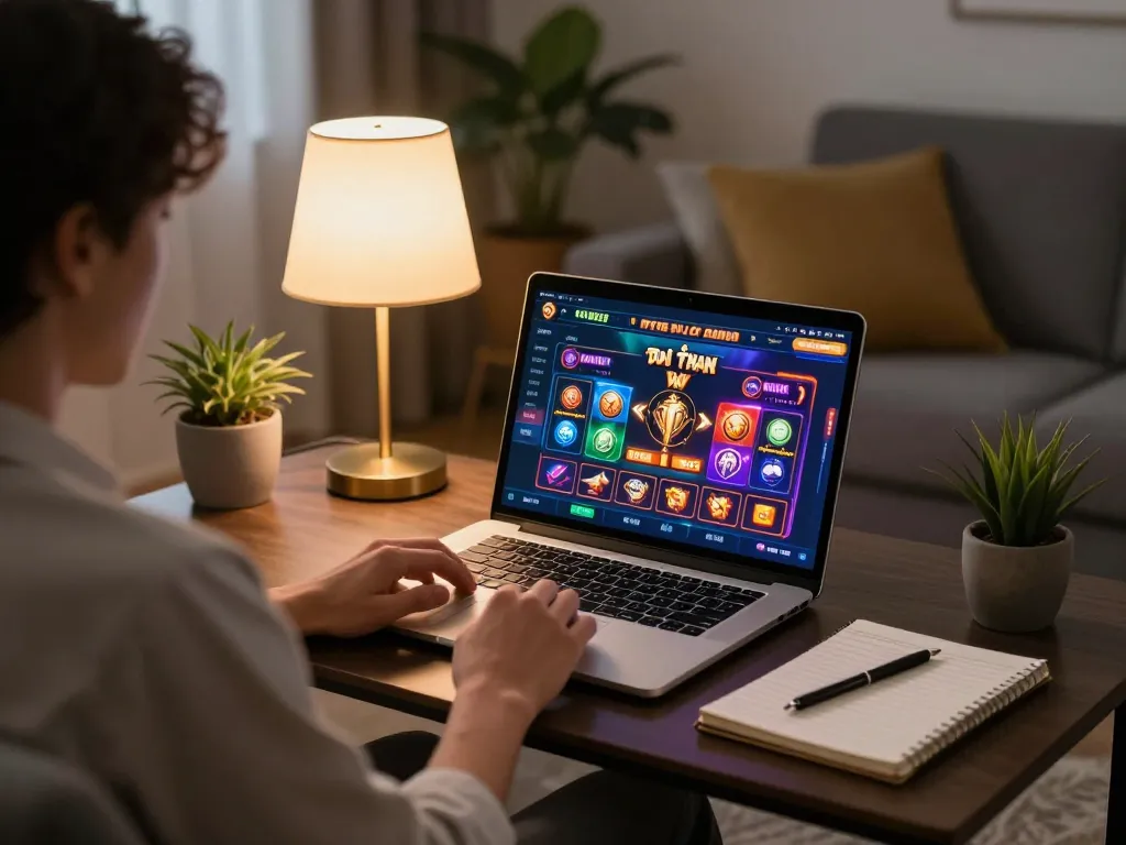 Engaging in game đổi thưởng while strategizing from a cozy home setting with a laptop.