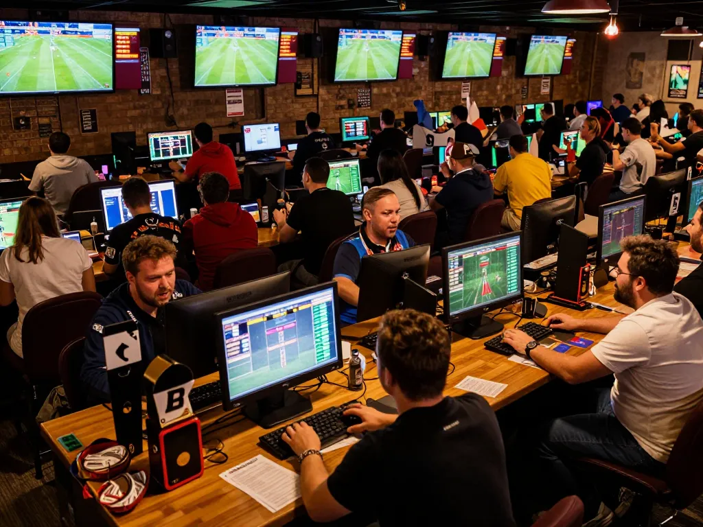 Fans enthusiastically placing bets on resultsfootball scores during a live sports betting event