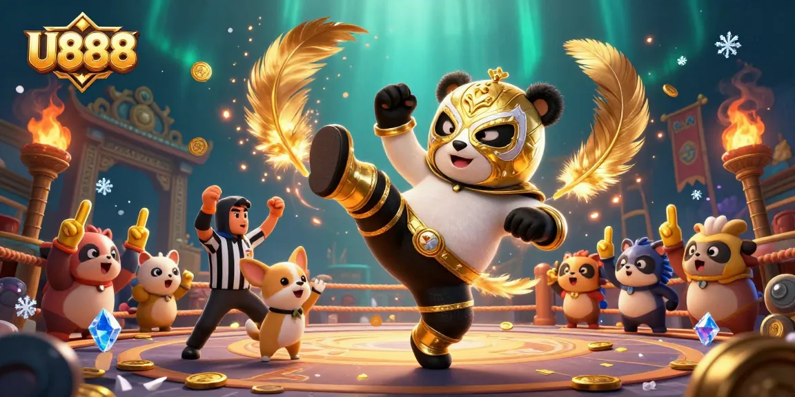 Experience U888's action-packed gaming with a panda wrestler and roaring animal fans.