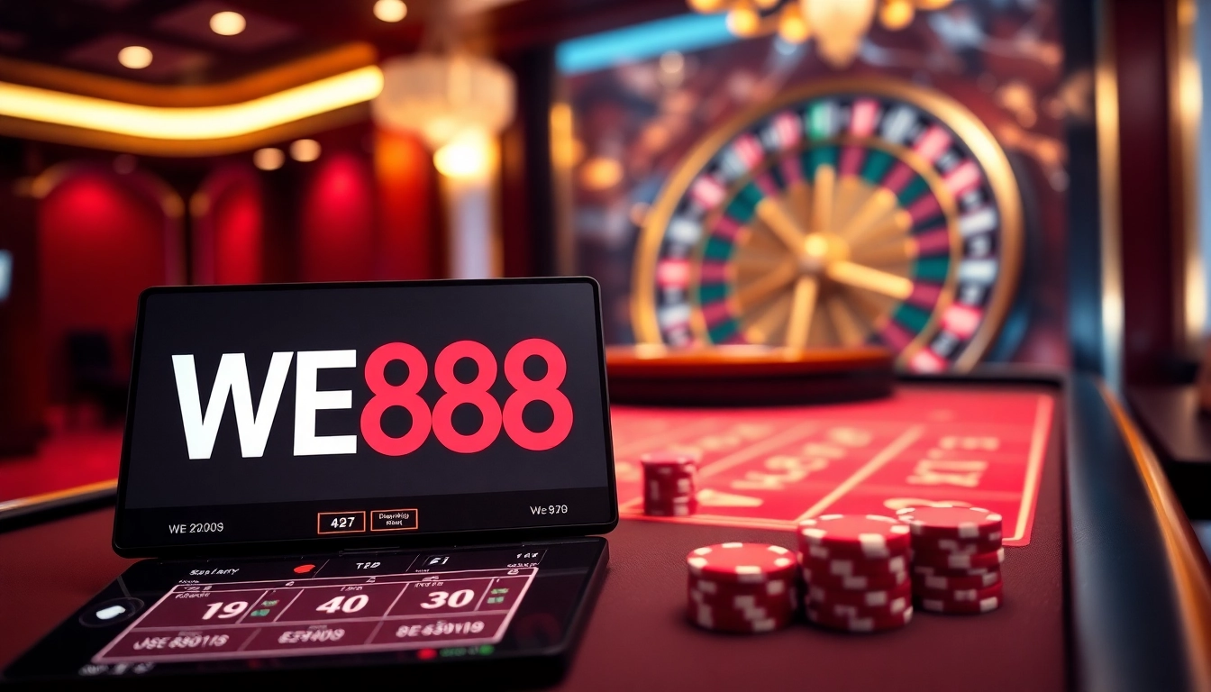 WE88 online casino scene showcasing poker chips, cards, and a dynamic roulette wheel.