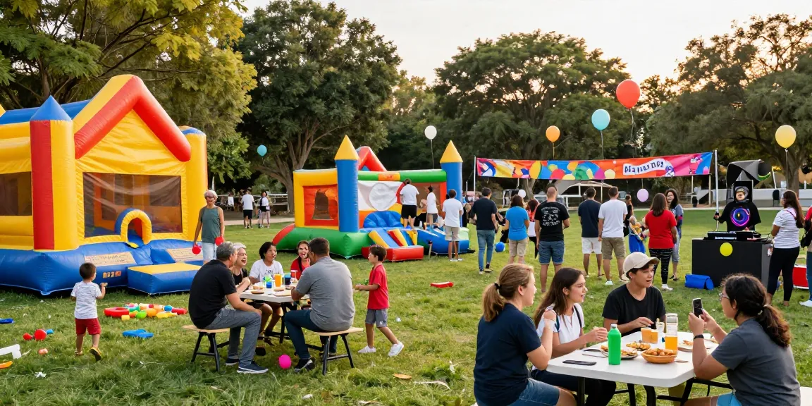 Enjoying a vibrant outdoor party at https://123b.party/ with inflatable bounce houses and joyful families.