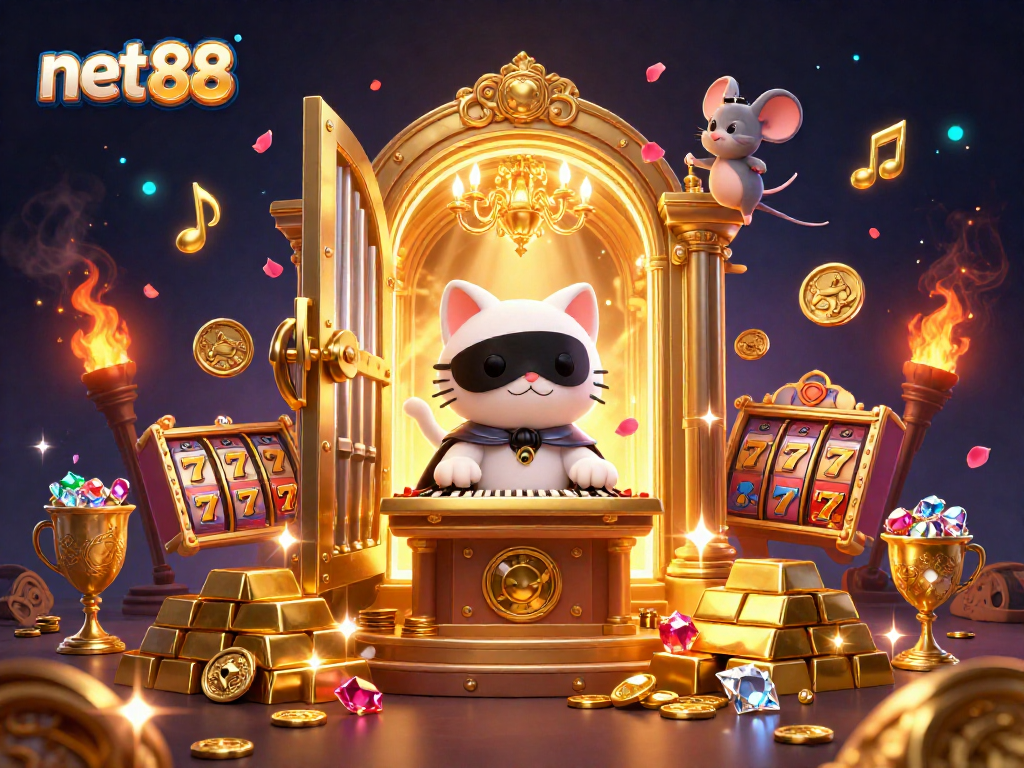 Experience net88’s vibrant casino atmosphere featuring charming characters and dazzling treasure.