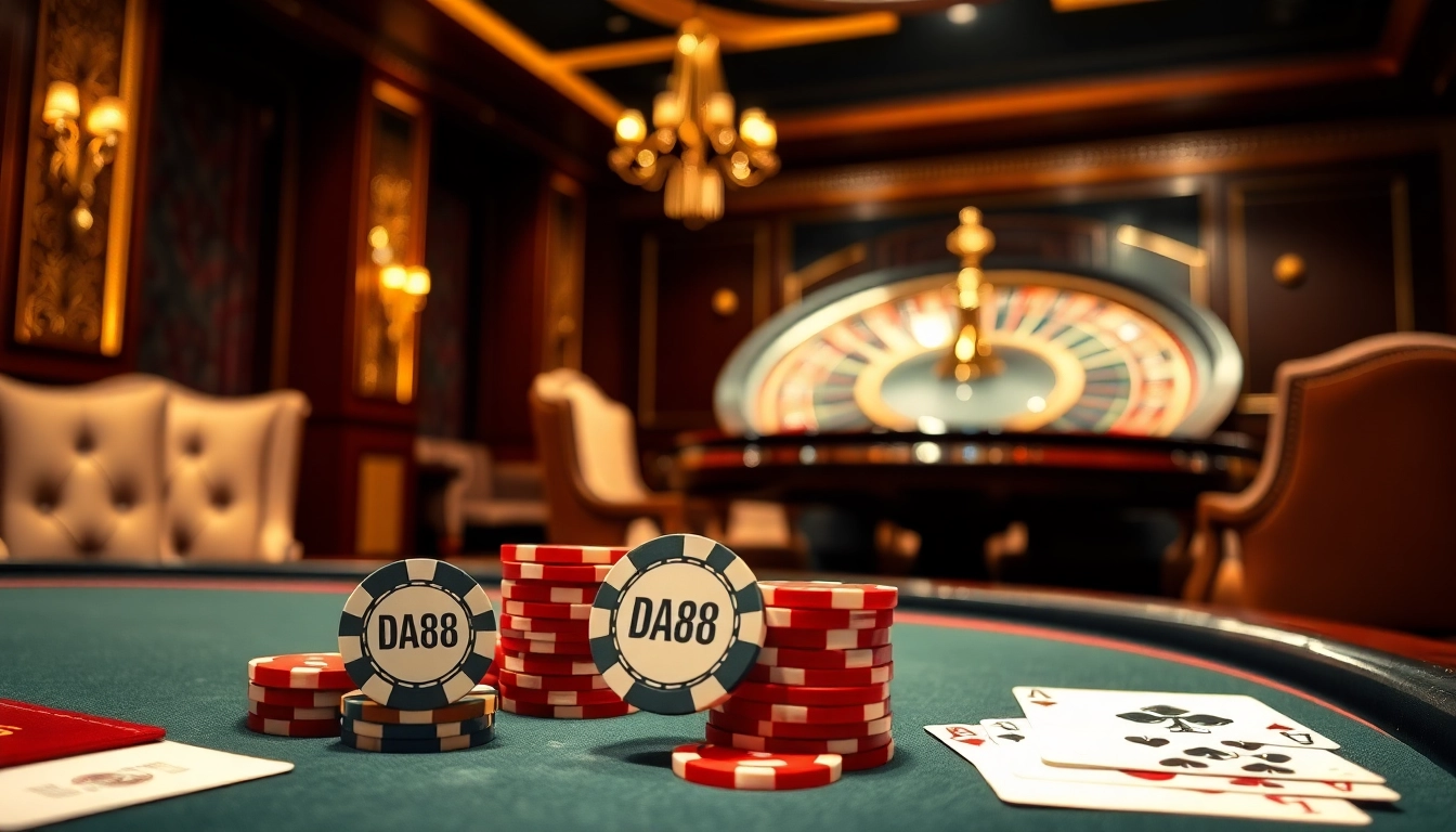 Experience high-stakes gaming at DA88, featuring a luxurious casino environment with poker chips and cards.