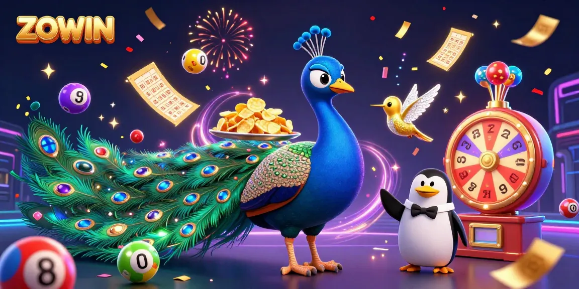 ZOWIN captures the excitement of gaming with a vibrant scene of lottery elements and a whimsical peacock.