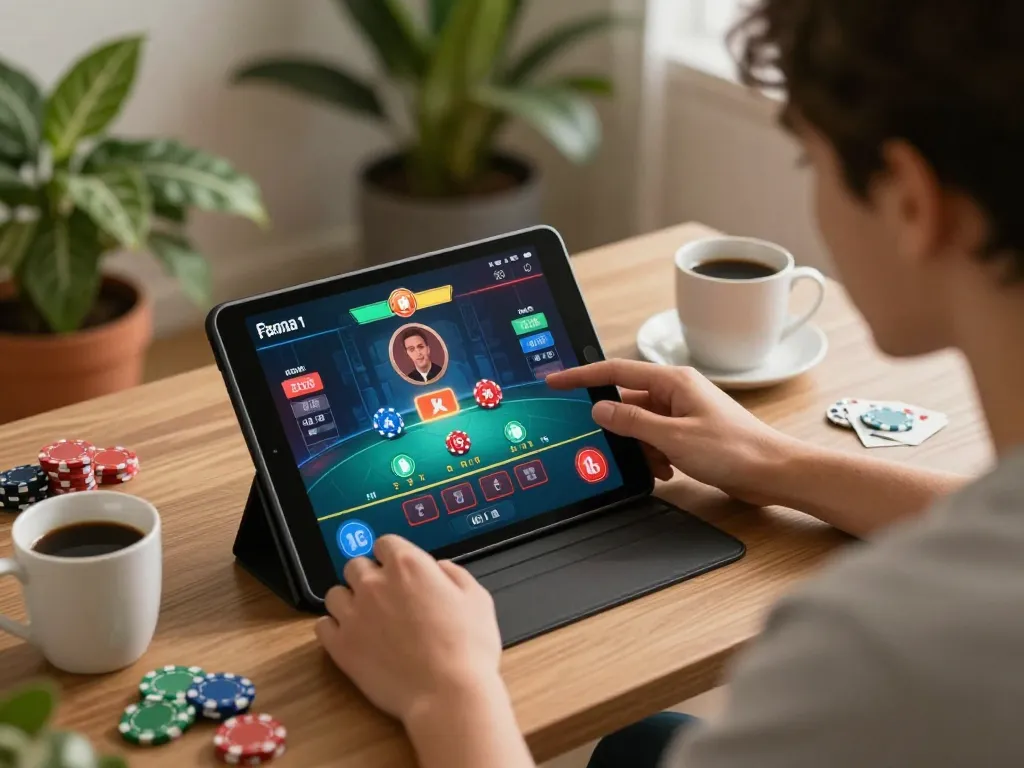 Player using GO8 tablet for an engaging online blackjack game in a cozy atmosphere