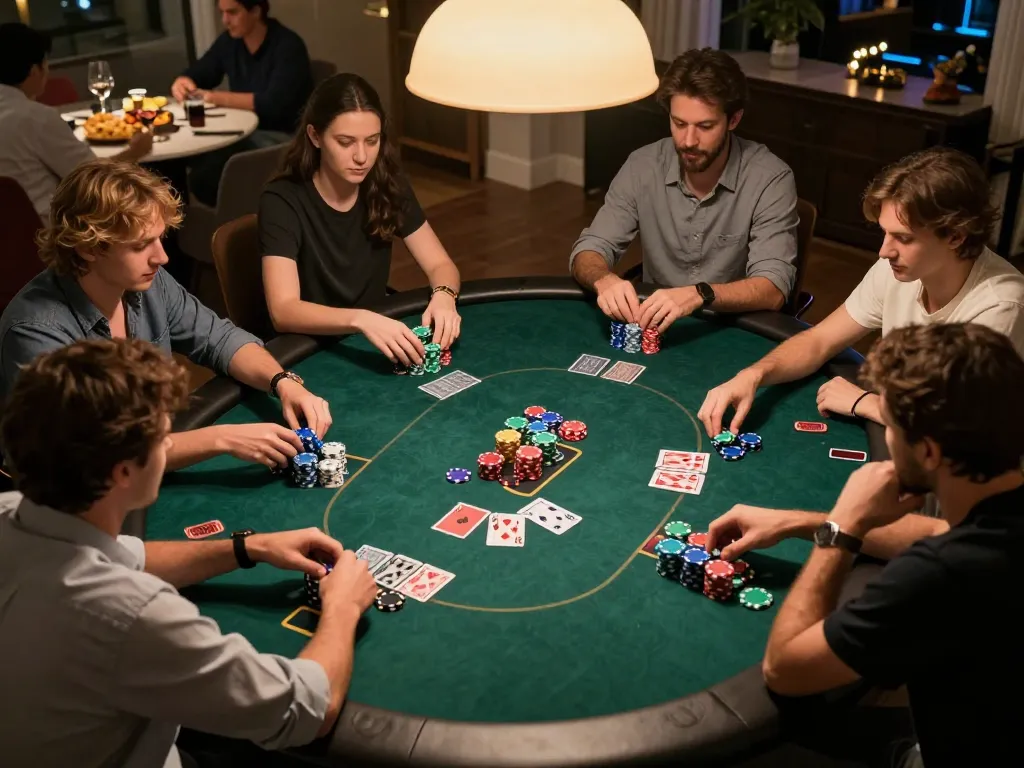 five88 players enjoying competitive poker night with colorful chips and cards
