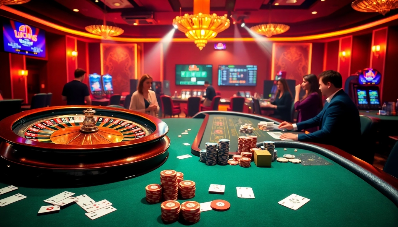LUCK8 casino scene with players engaged in gaming, chips, and roulette wheel.