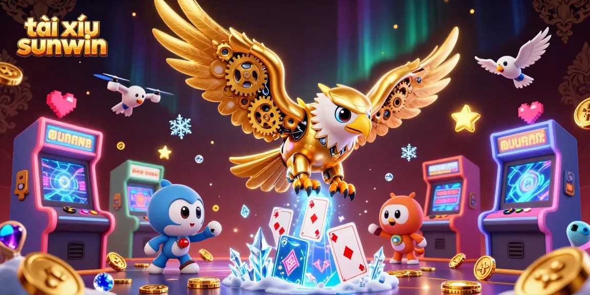 Experience the thrill of tài xỉu sunwin with a 3D golden eagle soaring amid colorful gaming elements and holographic cards.