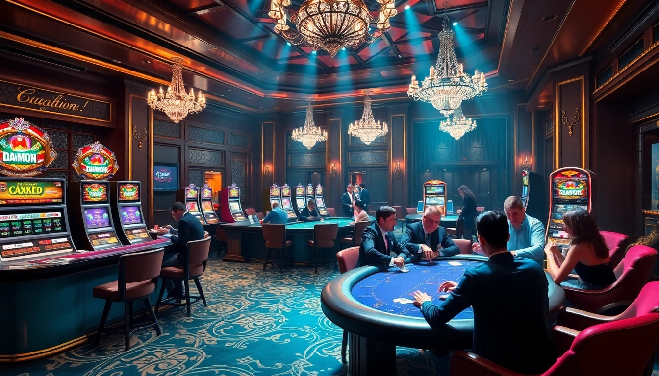 Engaging scene of professional dealers at a luxurious casino table, showcasing nhà cái uy tín gaming experiences.