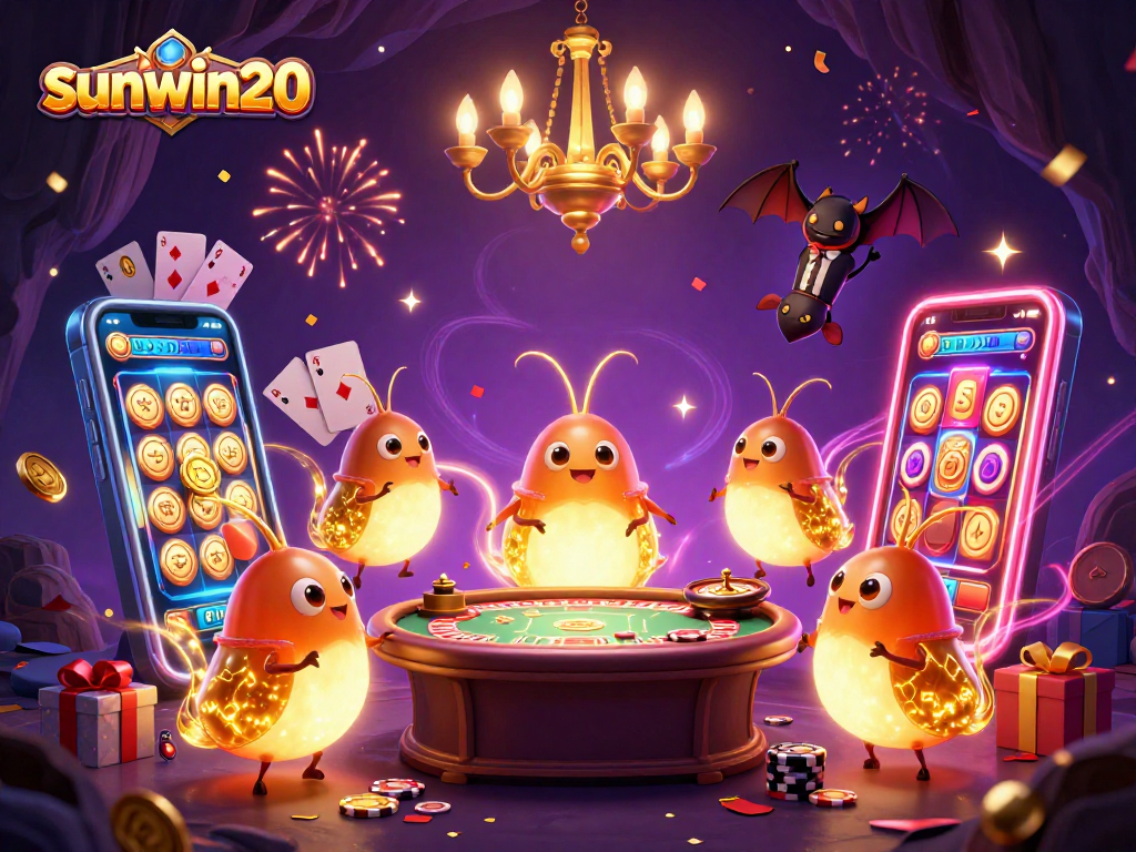 Experience sunwin20 excitement with animated glowworms and a bat dealer in a vibrant casino scene.