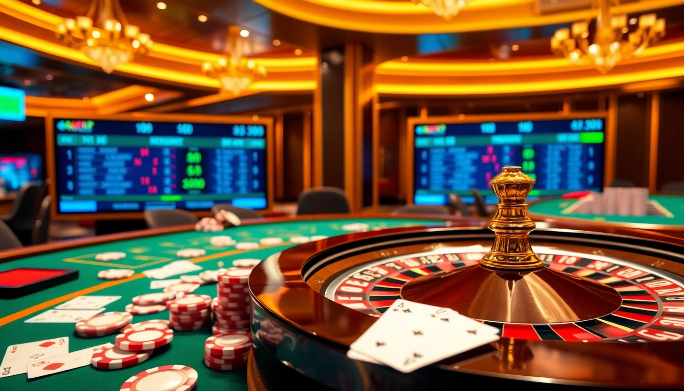 Experience excitement with kèo nhà cái at a luxurious casino featuring roulette, poker, and betting interfaces.