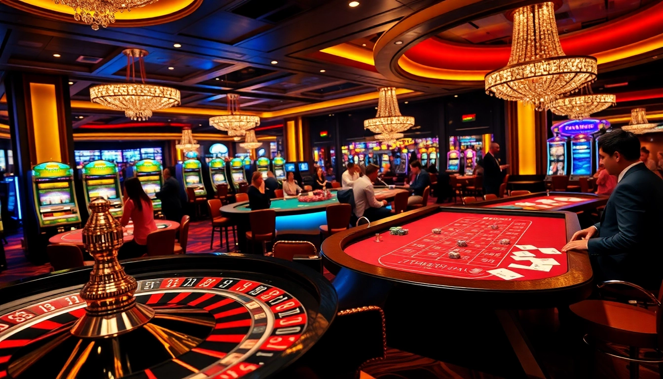 Experience the thrill of vipwin with players at a luxury casino, enjoying various table games.