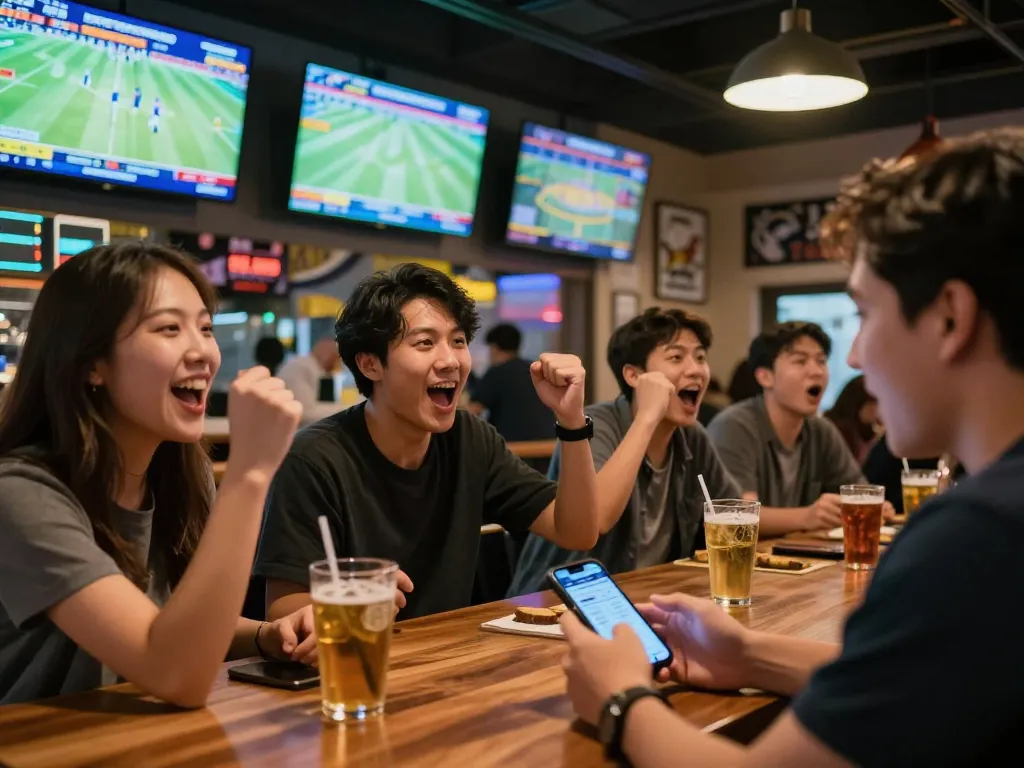 Cheering fans placing bets on sports with OK365 app during live games in vibrant bar.