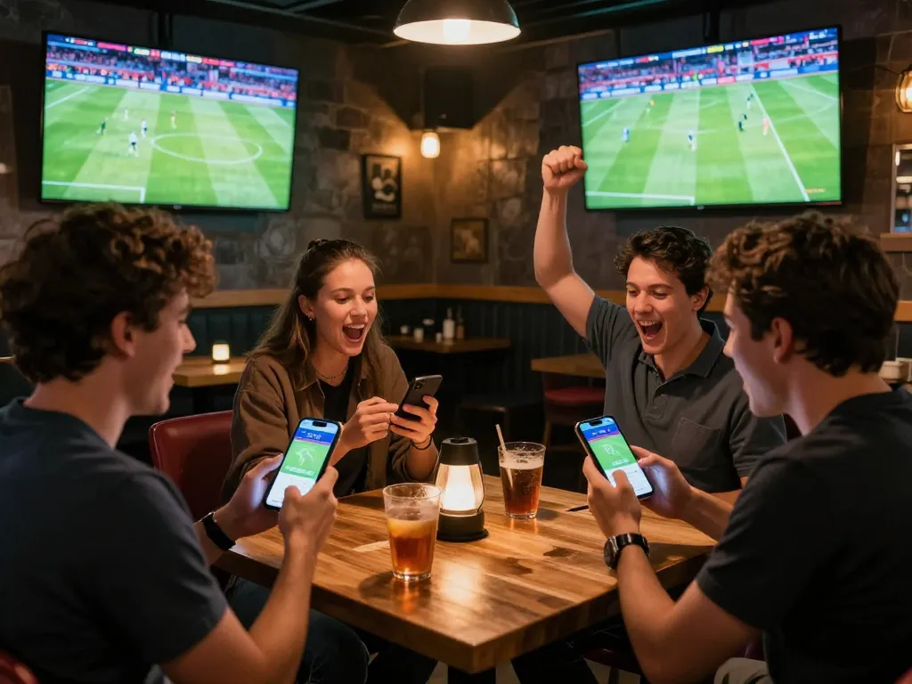 Trực tiếp bóng đá excitement as fans use mobile apps for live betting during a soccer match.