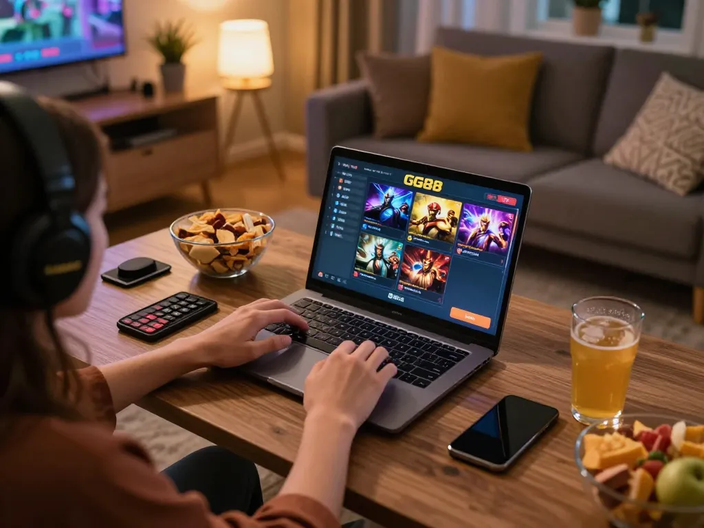 Player engaging with GG88 online casino games on a cozy night.