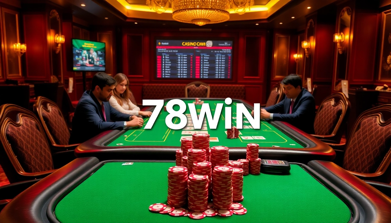 78win players enjoying high-stakes poker at an elegant casino table with vibrant chips and cards