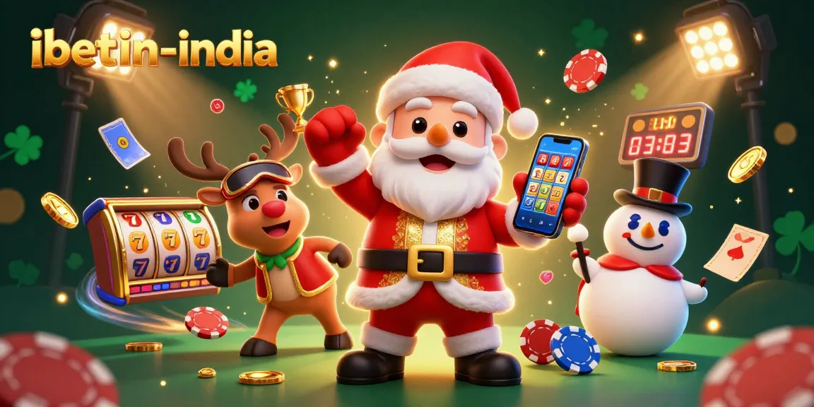 Experience thrilling slots and jackpots with ibetin-india's vivid illustration featuring Santa and friends.