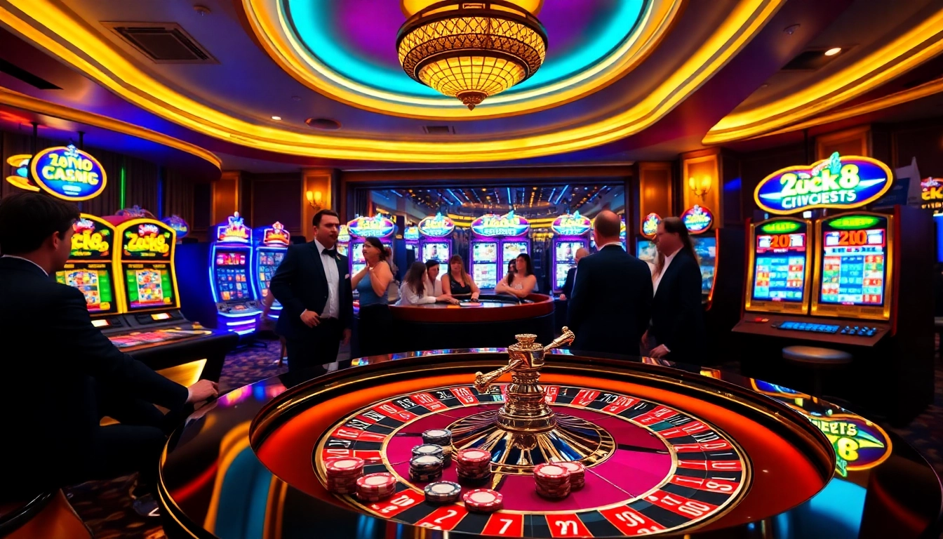 Exciting gaming action at luck8's elite casino, featuring roulette and vibrant slot machines.